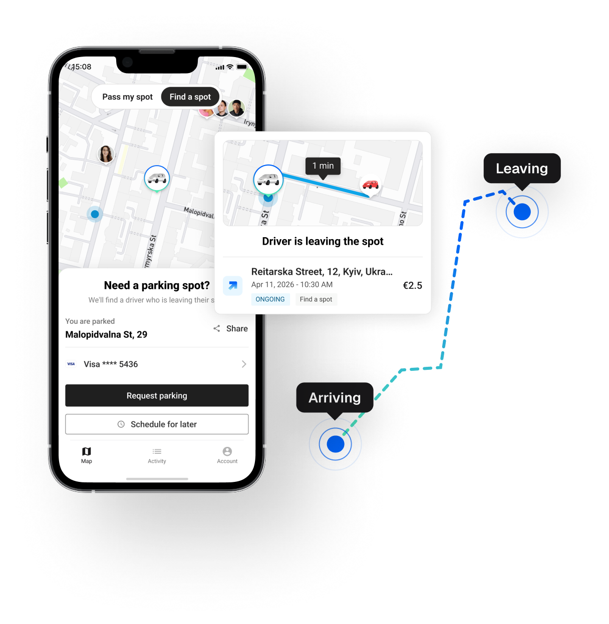 Urbix app showing a driver leaving and another arriving at the same spot